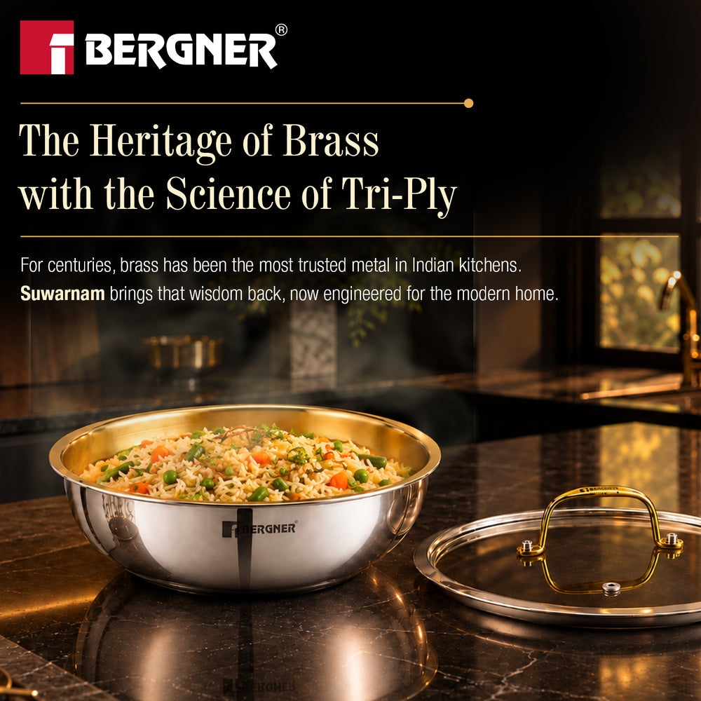 Bergner Suwarnam Triply Brass Tasra with Flat Glass Lid, 22cm (2.3L) | Induction