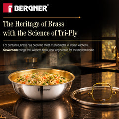 Bergner Suwarnam Triply Brass Tasra with Flat Glass Lid, 22cm (2.3L) | Induction