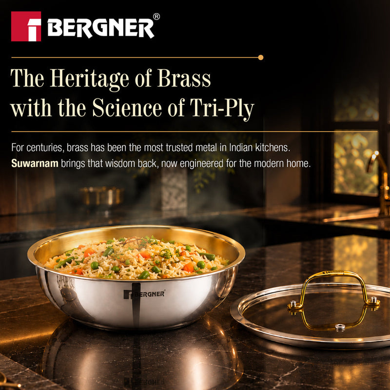 Bergner Suwarnam Triply Brass Tasra with Flat Glass Lid, 22cm (2.3L) | Induction