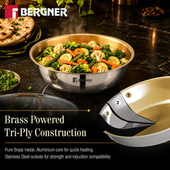 Bergner Suwarnam Triply Brass Tasra with Flat Glass Lid, 22cm (2.3L) | Induction