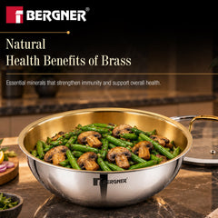 Bergner Suwarnam Triply Brass Tasra with Flat Glass Lid, 22cm (2.3L) | Induction