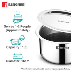 Bergner Hitech Giro Triply Tope with Stainless Steel Lid, 16cm (1.8 L)