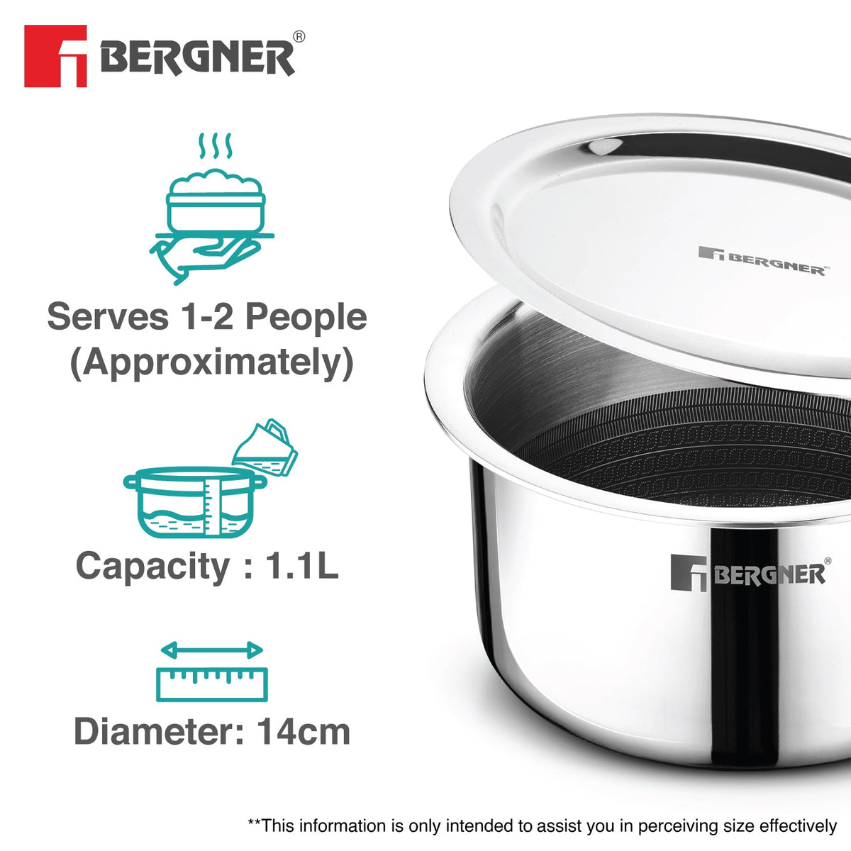 Bergner Hitech Giro Triply Tope with Stainless Steel Lid, 14cm (1.1 L)