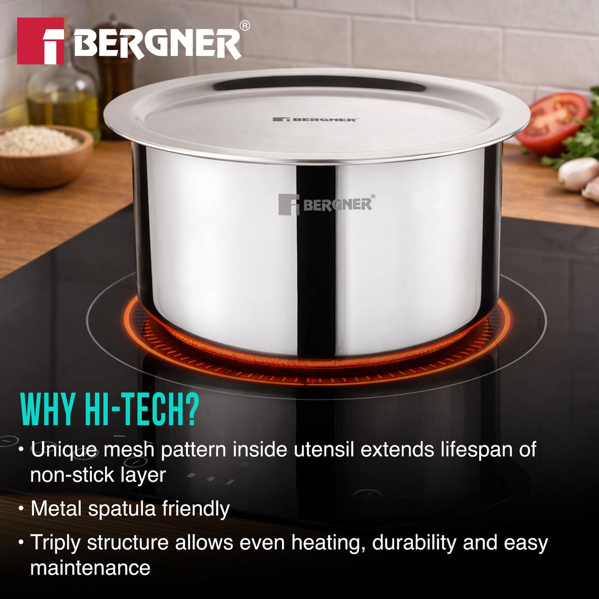 Bergner Hitech Giro Triply Tope with Stainless Steel Lid, 14cm (1.1 L)