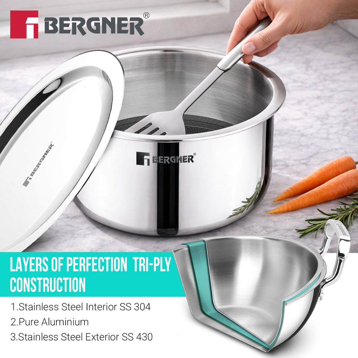 Bergner Hitech Giro Triply Tope with Stainless Steel Lid, 14cm (1.1 L)