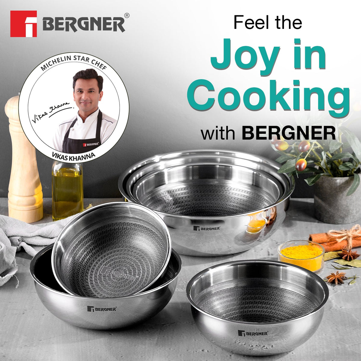 Bergner Hi-Tech Giro Triply Tasra Set of 3, Honeycomb Mesh Non-Stick Coating
