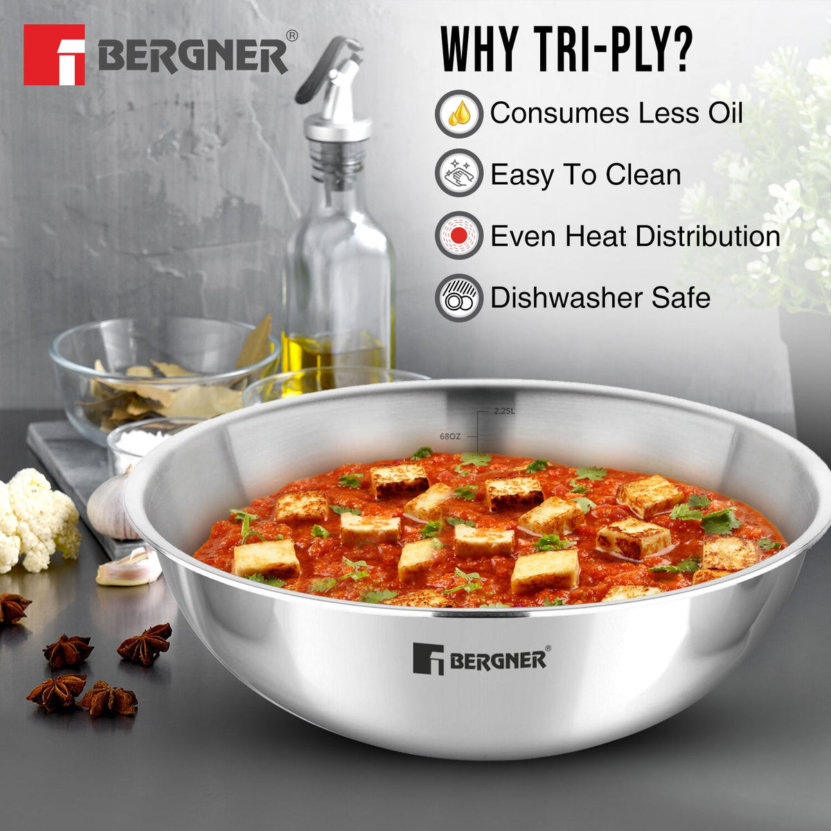 Bergner Argent Tri-Ply Stainless Steel 26cm Tasra without Lid
