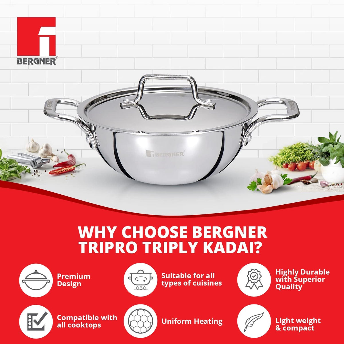 Bergner TriPro Tri-Ply Stainless Steel Kadai