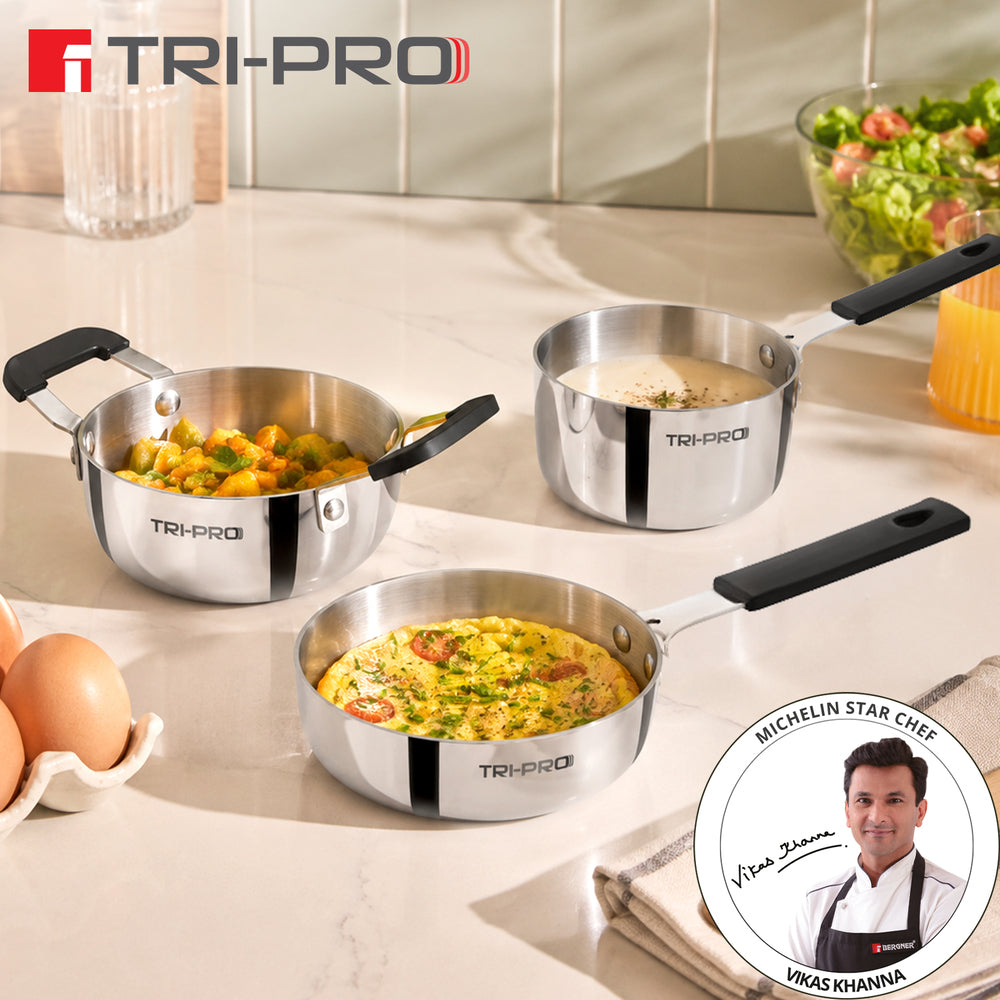 Bergner TriPro Triply Mini Cookware Set 3 Pcs (12cm Saucepan + 14cm Frypan + 14cm Kadai)