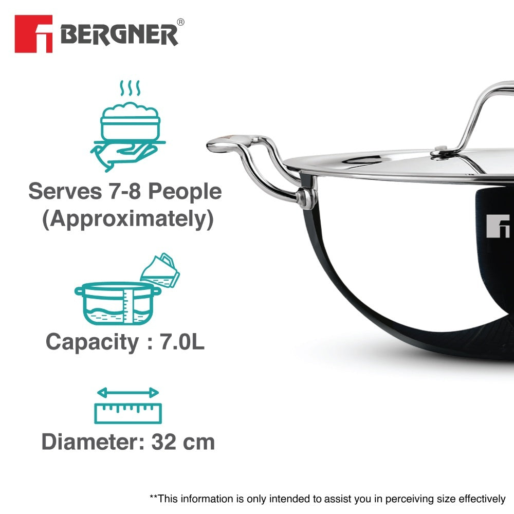 Bergner Argent Tri-Ply Stainless Steel Deep Kadai - Induction Bottom