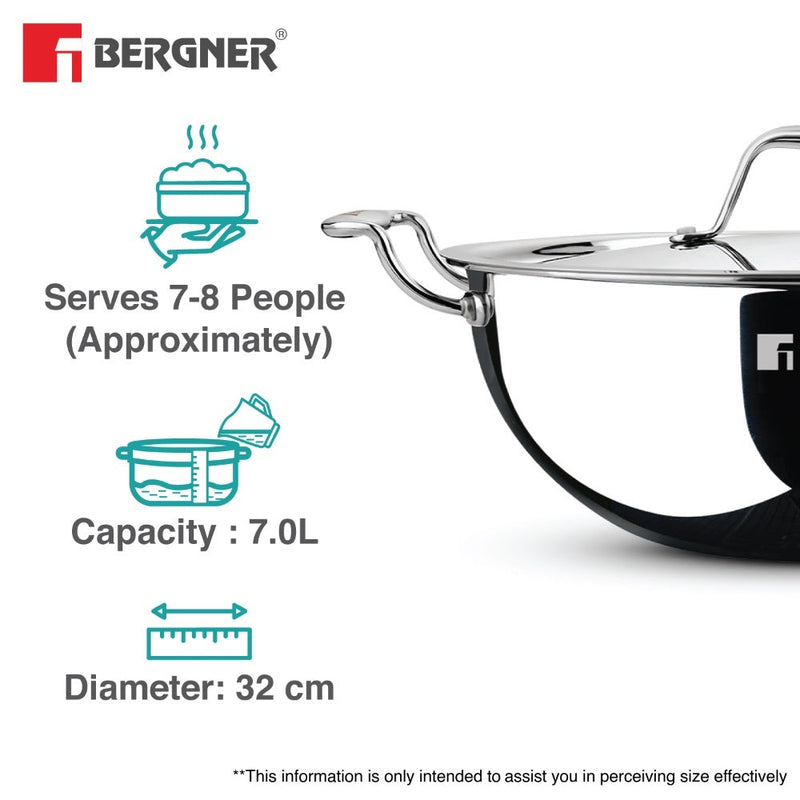 Bergner Argent Tri-Ply Stainless Steel Deep Kadai - Induction Bottom