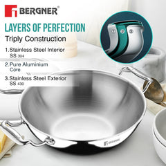 Bergner Argent Tri-Ply Stainless Steel Deep Kadai - Induction Bottom
