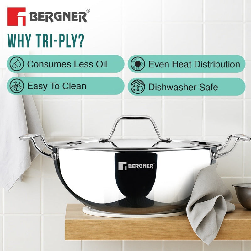 Bergner Argent Tri-Ply Stainless Steel Deep Kadai - Induction Bottom