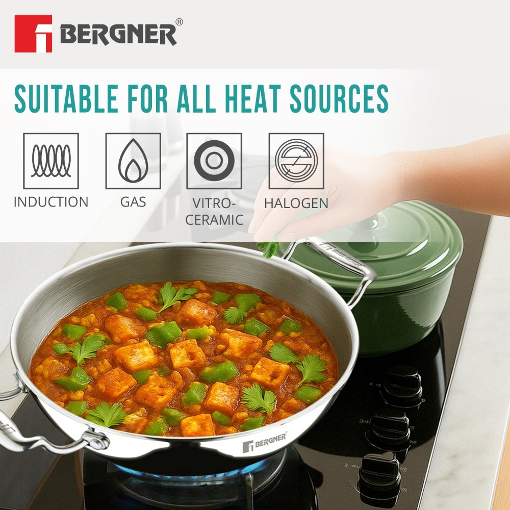 Bergner Argent Tri-Ply Stainless Steel Deep Kadai - Induction Bottom