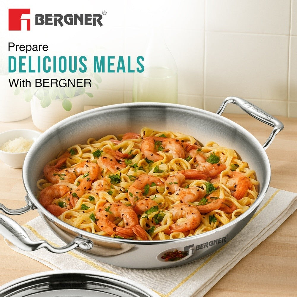 Bergner Argent Tri-Ply Stainless Steel Deep Kadai - Induction Bottom