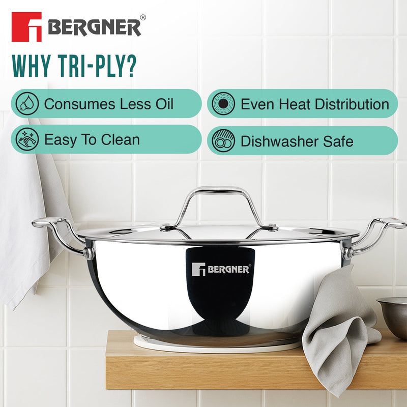 Bergner Argent 40cm/14L Triply Extra Deep Kadai with Stainless Steel Lid