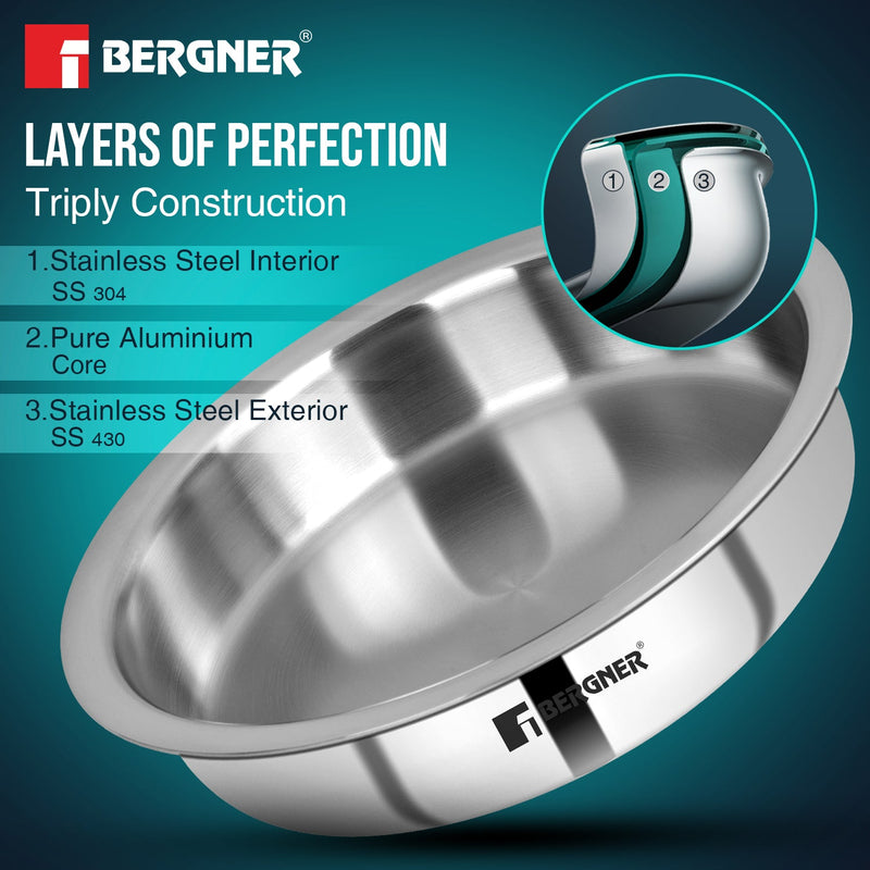 Bergner Argent Tri-Ply Stainless Steel 26cm (3.5 L) Lagdi with Lid