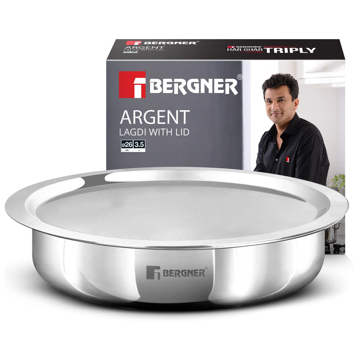 Bergner Argent Tri-Ply Stainless Steel 26cm (3.5 L) Lagdi with Lid