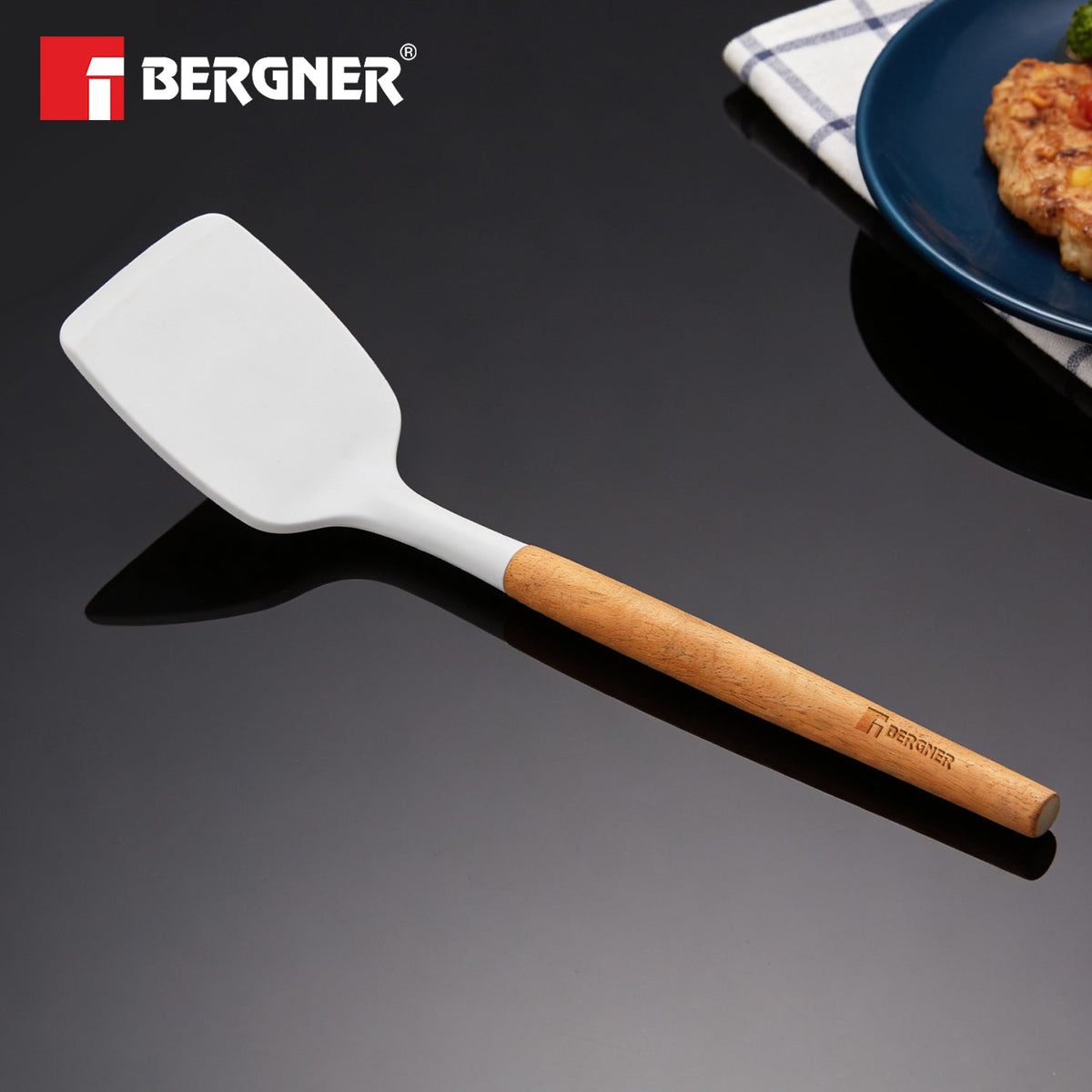 Bergner Naturally Silicone Solid Turner 33cm with Wooden Handle