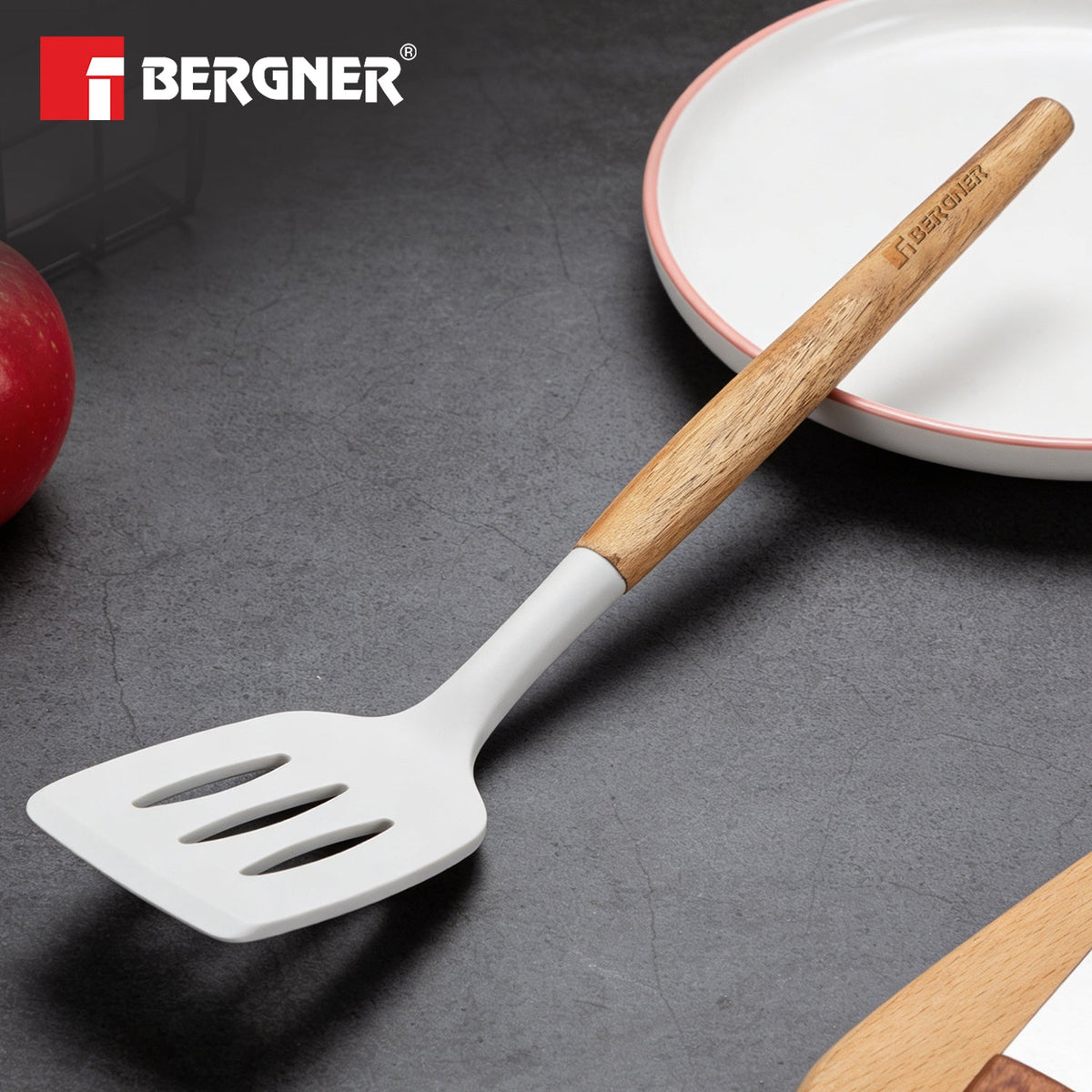 Bergner Naturally Silicone Slotted Turner 33cm with Wooden Handle