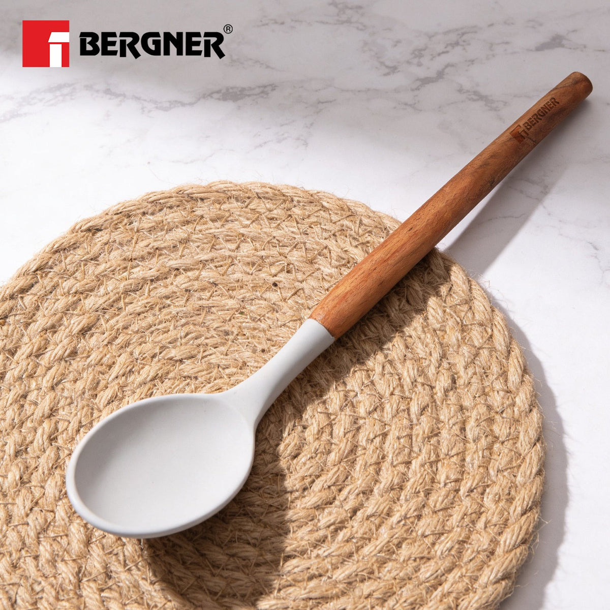 Bergner Naturally Silicone Solid Spoon 32cm with Wooden Handle