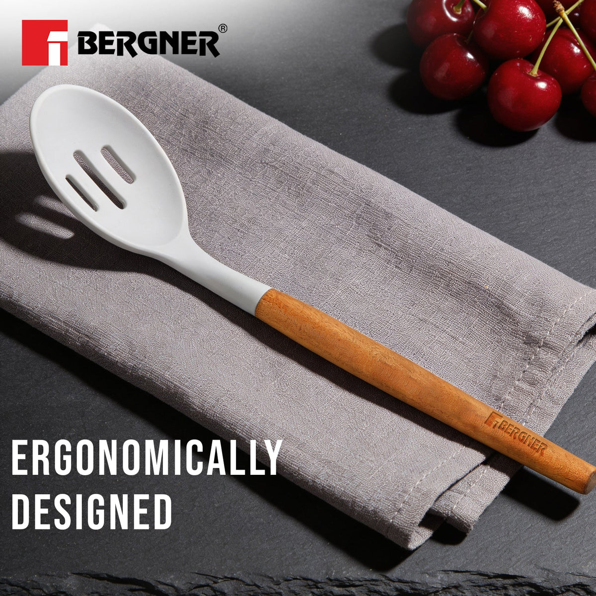 Bergner Naturally Silicone Slotted Spoon 32cm with Wooden Handle