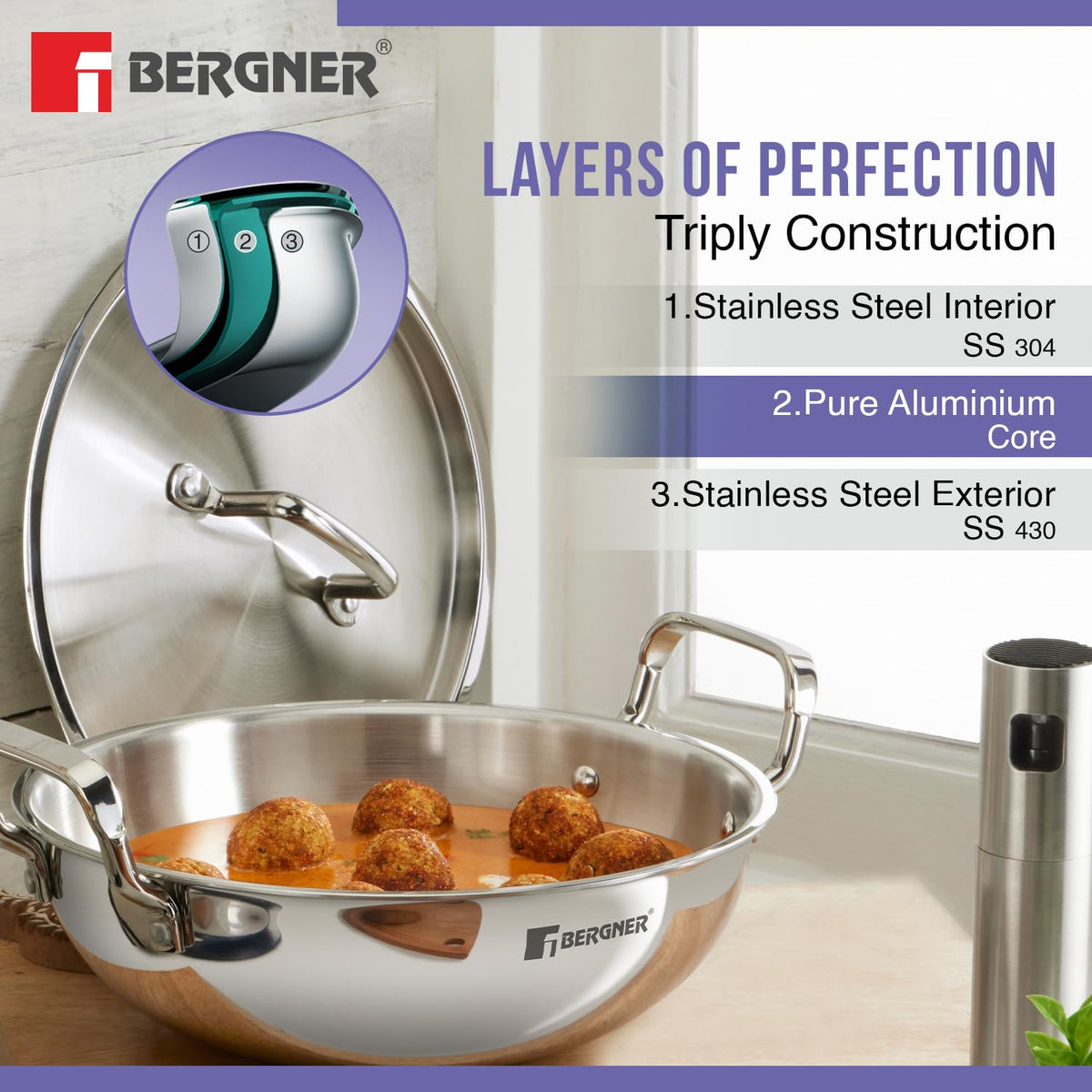 Bergner TriPro 5 Pcs TriPly Cookware Set - Induction Bottom