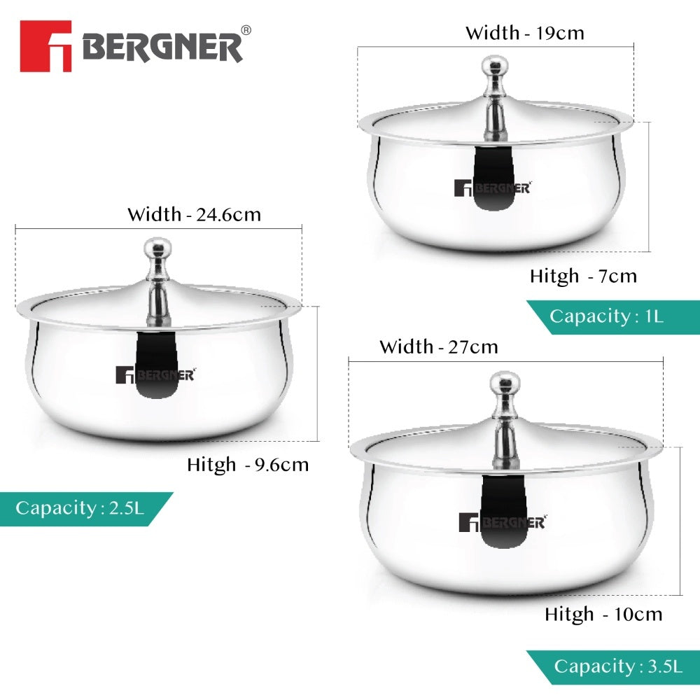 Bergner Vienna Stainless Steel 3 Hot Pot Combo Set / Roti Casserole