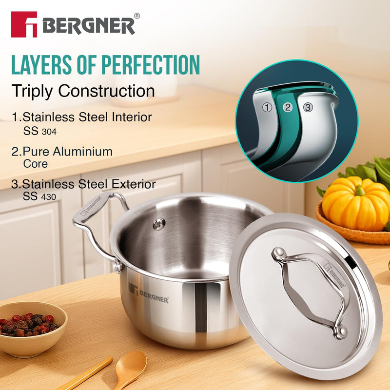 Bergner Argent Junior Chef Triply Stainless Steel Casserole Set 6 Pcs