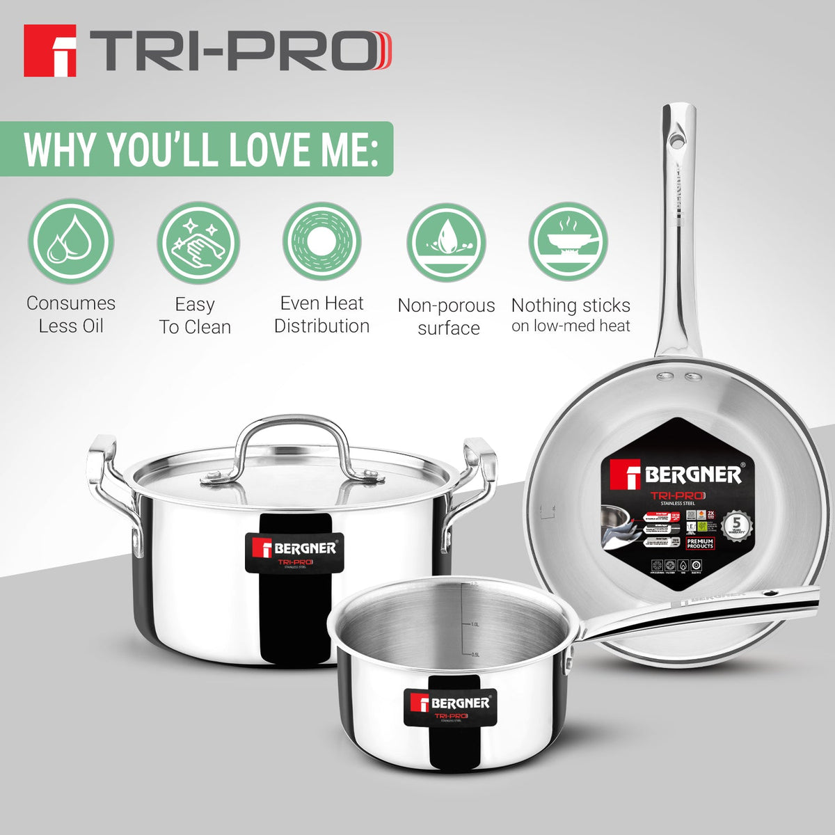 Bergner Tripro Triply Cookware Set of 4 Pcs
