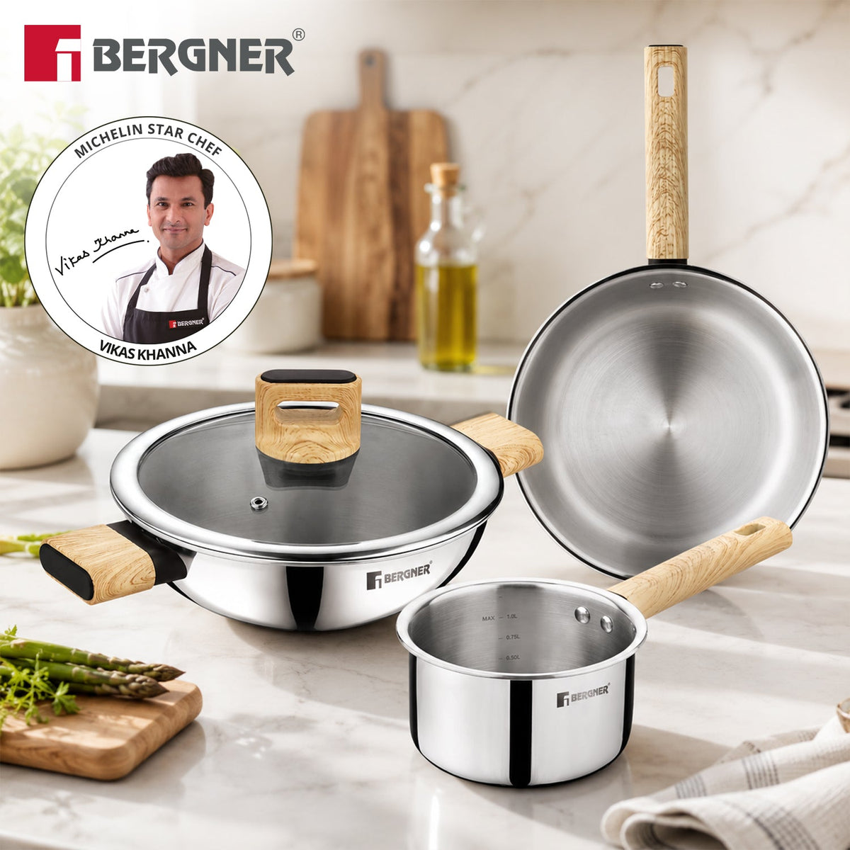 Bergner Tri-Oak Triply Stainless Steel Cookware Set of 4 Pcs