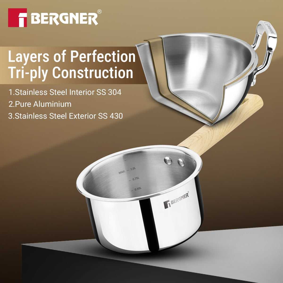 Bergner Tri-Oak Triply Stainless Steel Cookware Set of 4 Pcs