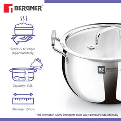 Bergner BE Essentials TriPly Stainless Steel Rice Handi 24cm (5.5L) -  Induction Bottom