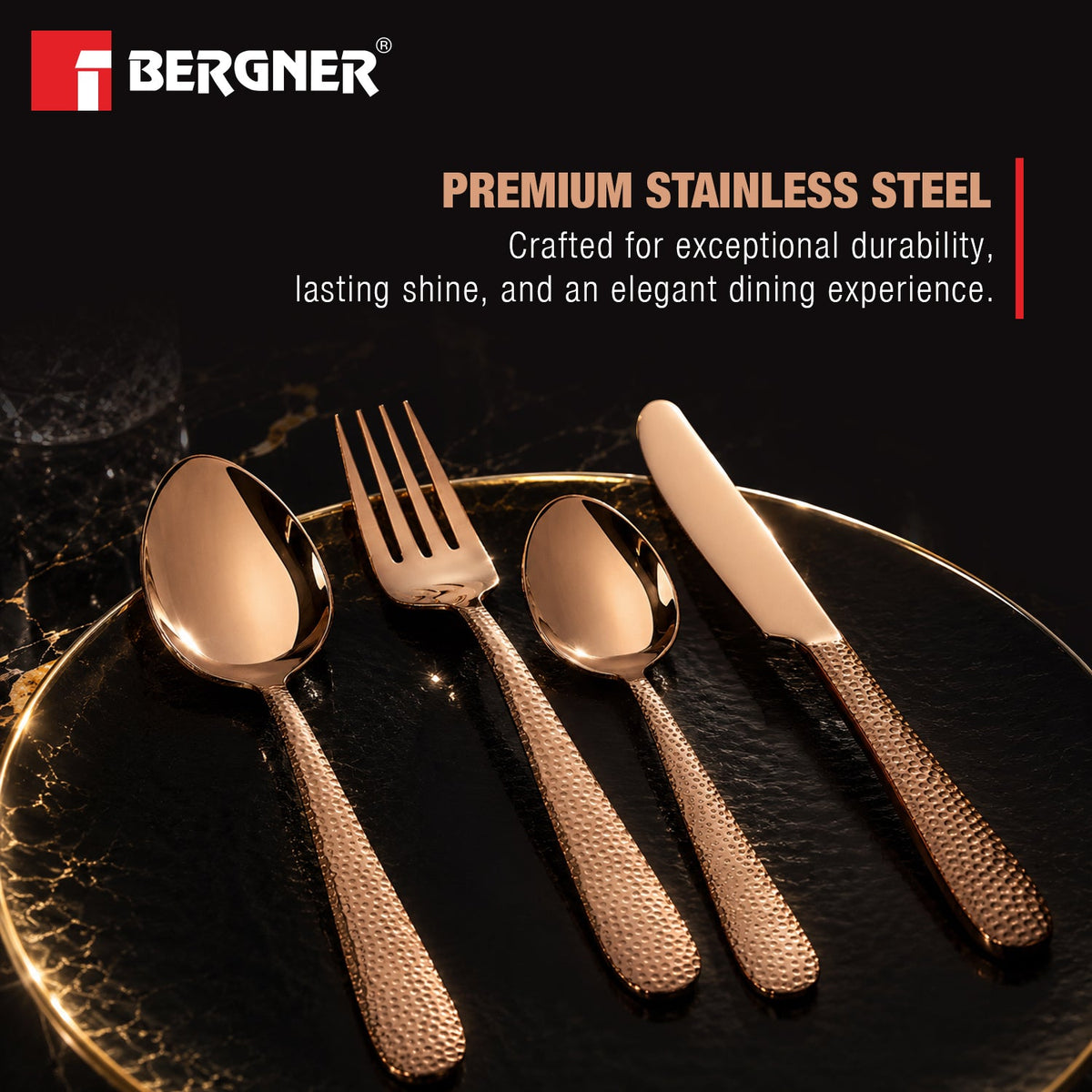 Bergner Venezia 24cm Hammered Rosegold Cutlery Set