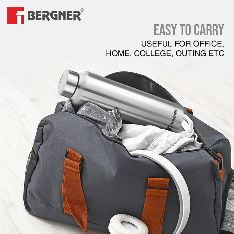Bergner Walking Stainless Steel 1000ml Water Bottle, Rustproof, Airtight and Leakproof - Silver