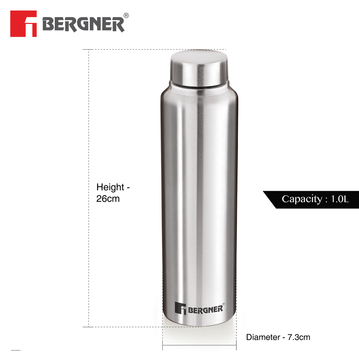 Bergner Walking Stainless Steel 1000ml Water Bottle, Rustproof, Airtight and Leakproof - Silver