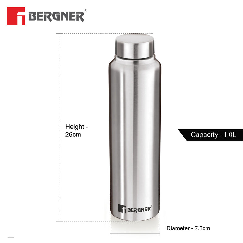 Bergner Walking Stainless Steel 1000ml Water Bottle, Rustproof, Airtight and Leakproof - Silver