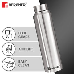 Bergner Walking Stainless Steel 1000ml Water Bottle, Rustproof, Airtight and Leakproof - Silver