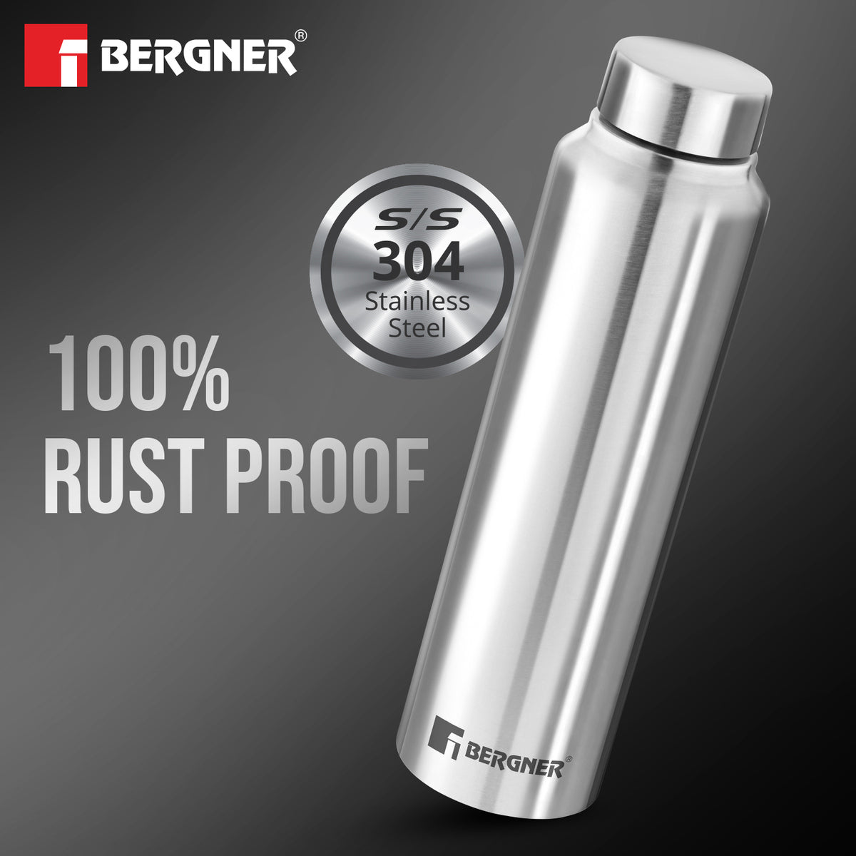 Bergner Walking Stainless Steel 1000ml Water Bottle, Rustproof, Airtight and Leakproof - Silver