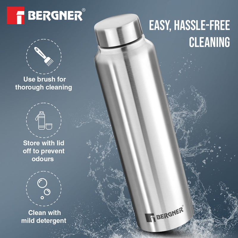 Bergner Walking Stainless Steel 1000ml Water Bottle, Rustproof, Airtight and Leakproof - Silver