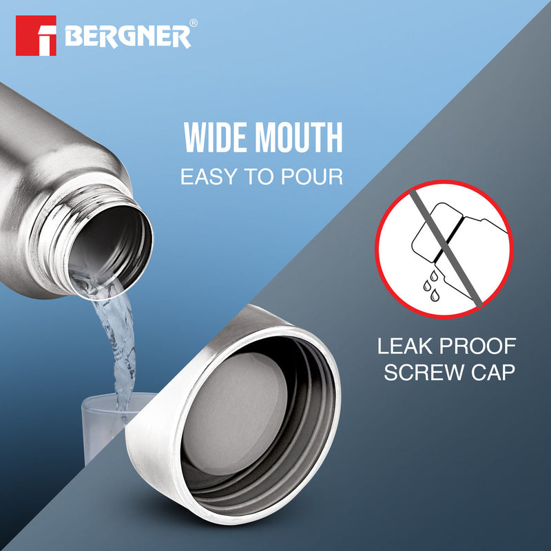 Bergner Walking Stainless Steel 1000ml Water Bottle, Rustproof, Airtight and Leakproof - Silver