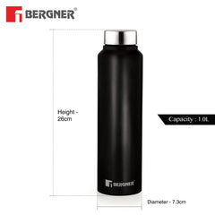 Bergner Walking Stainless Steel 1000ml Water Bottle, Rustproof, Airtight and Leakproof - Black