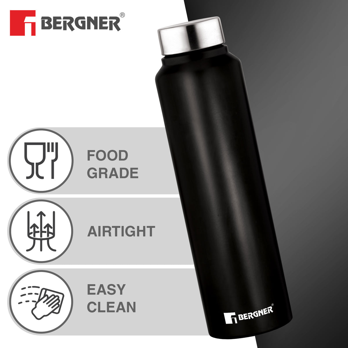 Bergner Walking Stainless Steel 1000ml Water Bottle, Rustproof, Airtight and Leakproof - Black