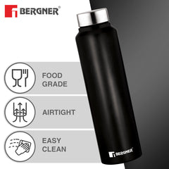 Bergner Walking Stainless Steel 1000ml Water Bottle, Rustproof, Airtight and Leakproof - Black