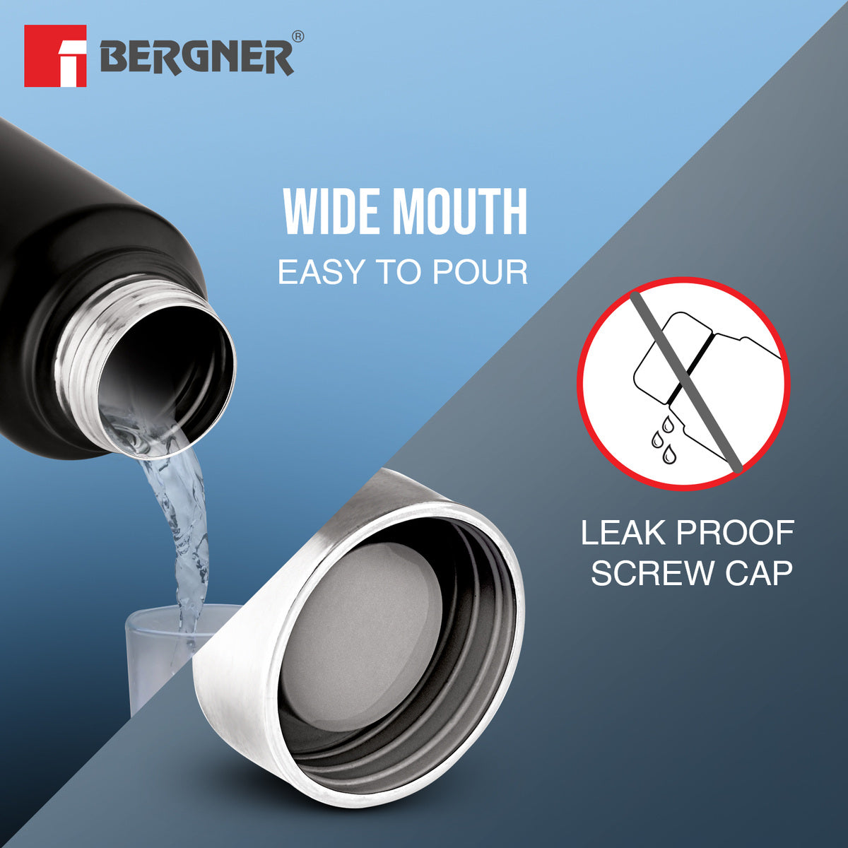 Bergner Walking Stainless Steel 1000ml Water Bottle, Rustproof, Airtight and Leakproof - Black