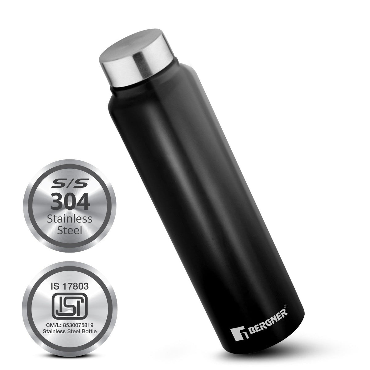 Bergner Walking Stainless Steel 1000ml Water Bottle, Rustproof, Airtight and Leakproof - Black