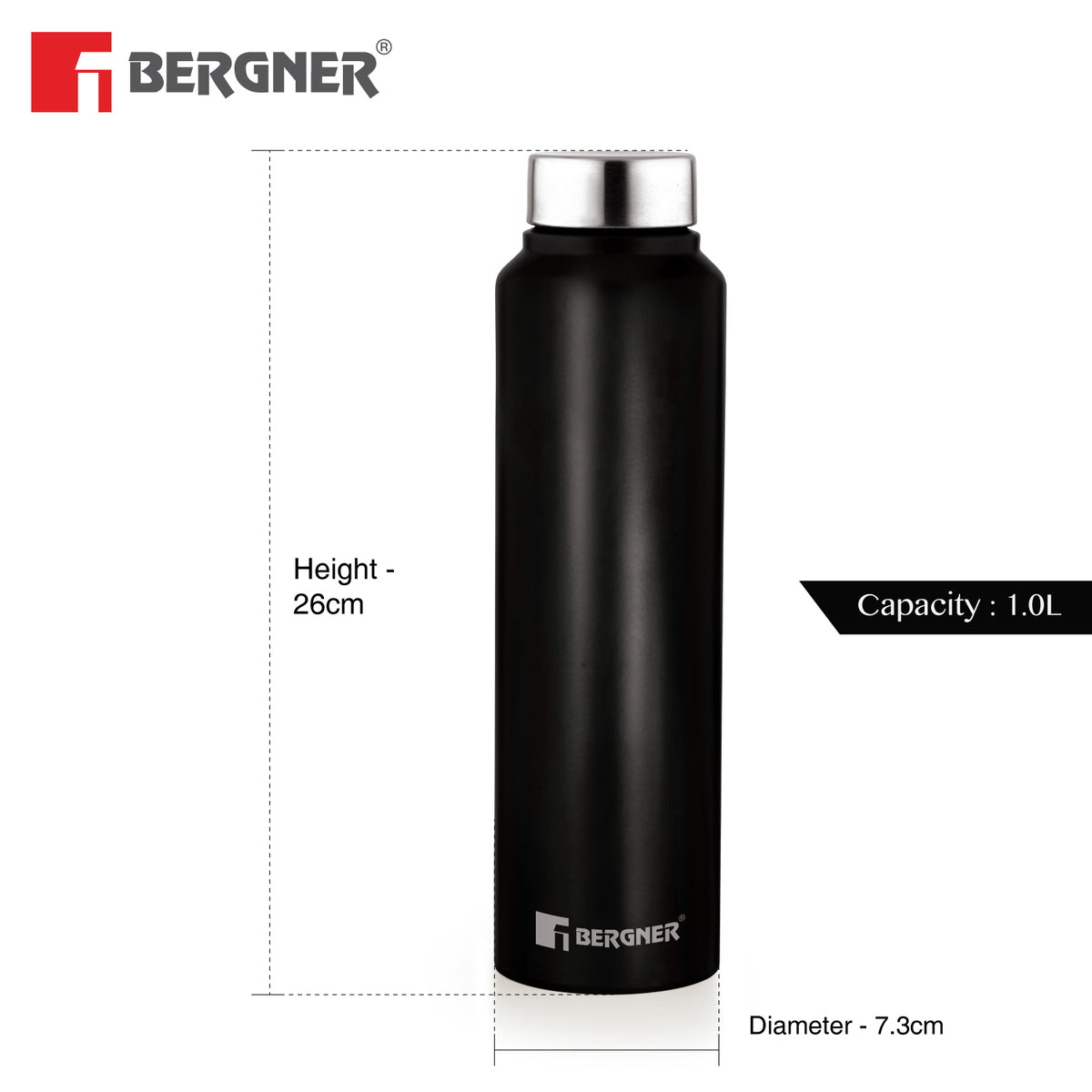 Bergner Walking Stainless Steel 3 Pcs (1000ml each) Water Bottles, Rustproof, Airtight and Leakproof - Black
