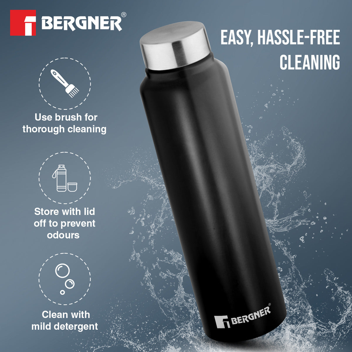 Bergner Walking Stainless Steel 3 Pcs (1000ml each) Water Bottles, Rustproof, Airtight and Leakproof - Black