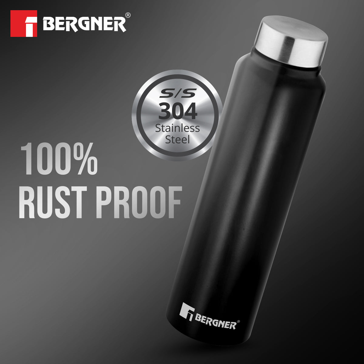 Bergner Walking Stainless Steel 3 Pcs (1000ml each) Water Bottles, Rustproof, Airtight and Leakproof - Black