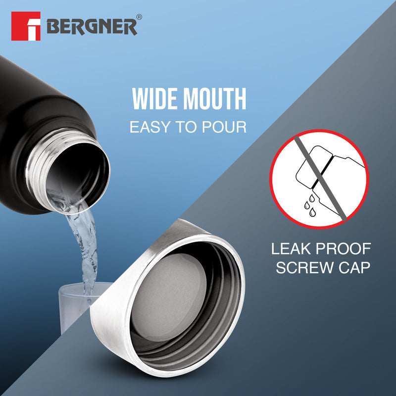 Bergner Walking Stainless Steel 3 Pcs (1000ml each) Water Bottles, Rustproof, Airtight and Leakproof - Black